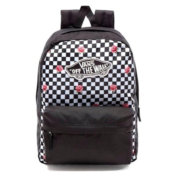 Vans Realm Checkerboard Roses Backpack School Bag Skater Surfer Black White - Picture 1 of 8